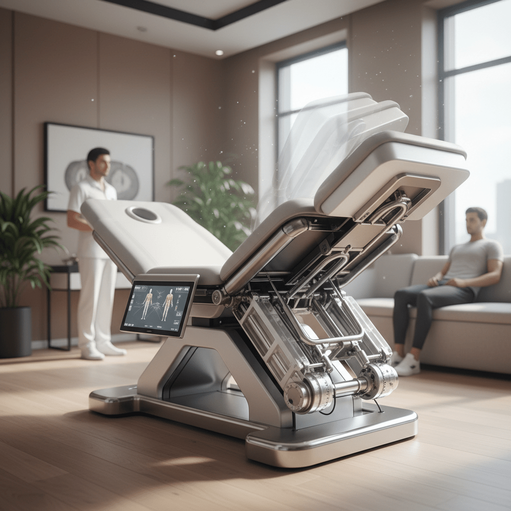 Futuristic physical therapy table in a modern clinic Sleek, futuristic therapy table with modular sections in a modern clinic.