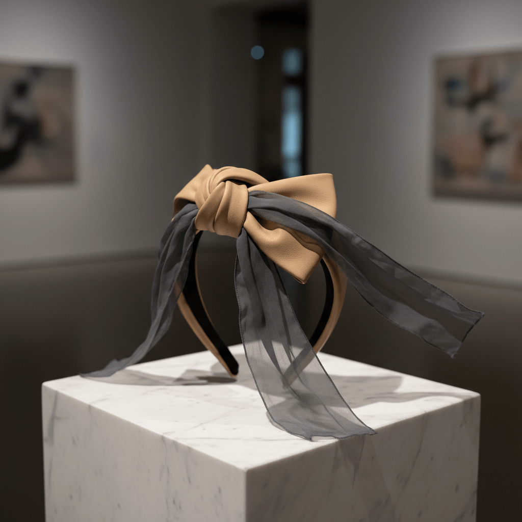 Avant-garde bow headband of matte leather and chiffon on marble pedestal.