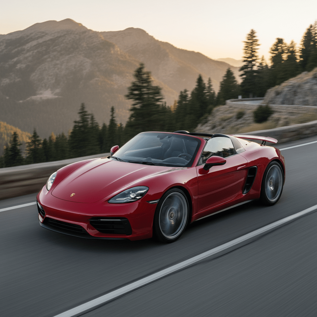 Sleek red sports car driving top down on a scenic mountain pass at golden hour.