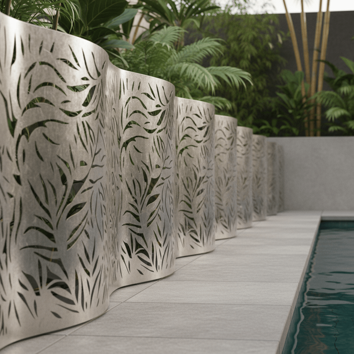 Perforated metal fence panels with nature motifs beside a pool deck.