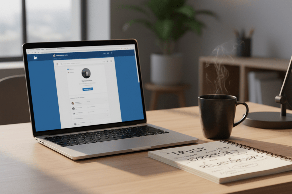 Medium shot of a sunlit desk with laptop showing blurred professional network interface, notebook, and mug—symbolizing authenticity and expertise in vendor selection