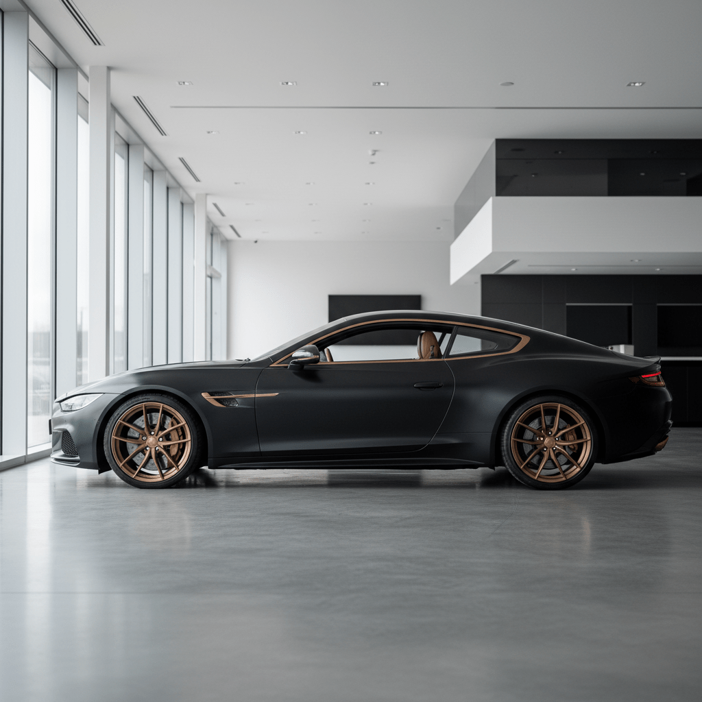 Luxury grand tourer in satin black with matte bronze accents in a minimalist showroom.
