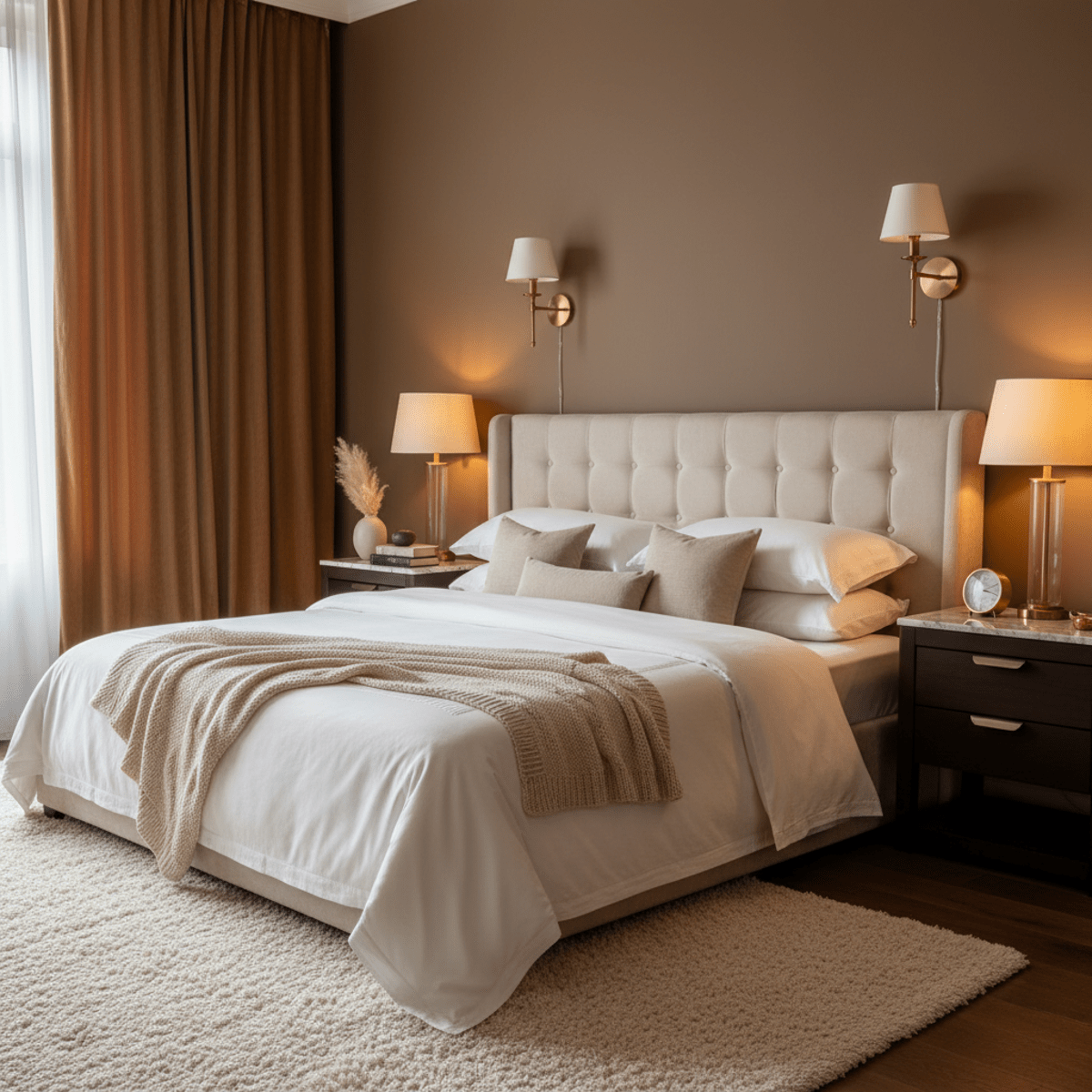Luxurious bedroom sanctuary with chocolate tan walls and plush velvet curtains.