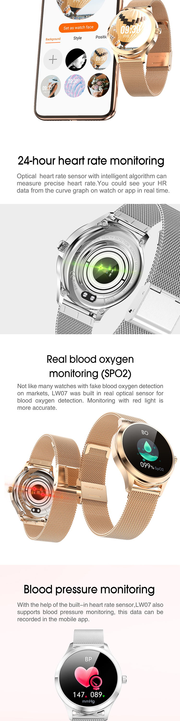 Cheap women smartwatch LW07 for android ios smart watch with Fitcloud pro APP and Heart rate blood pressure oxygen