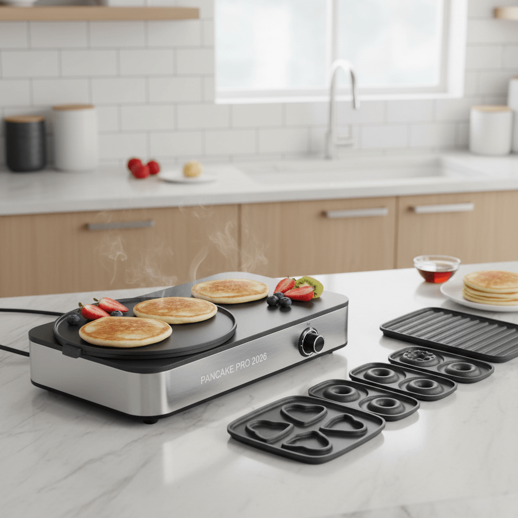 Modular machine with griddle cooking pancakes, waffle plate on marble counter.