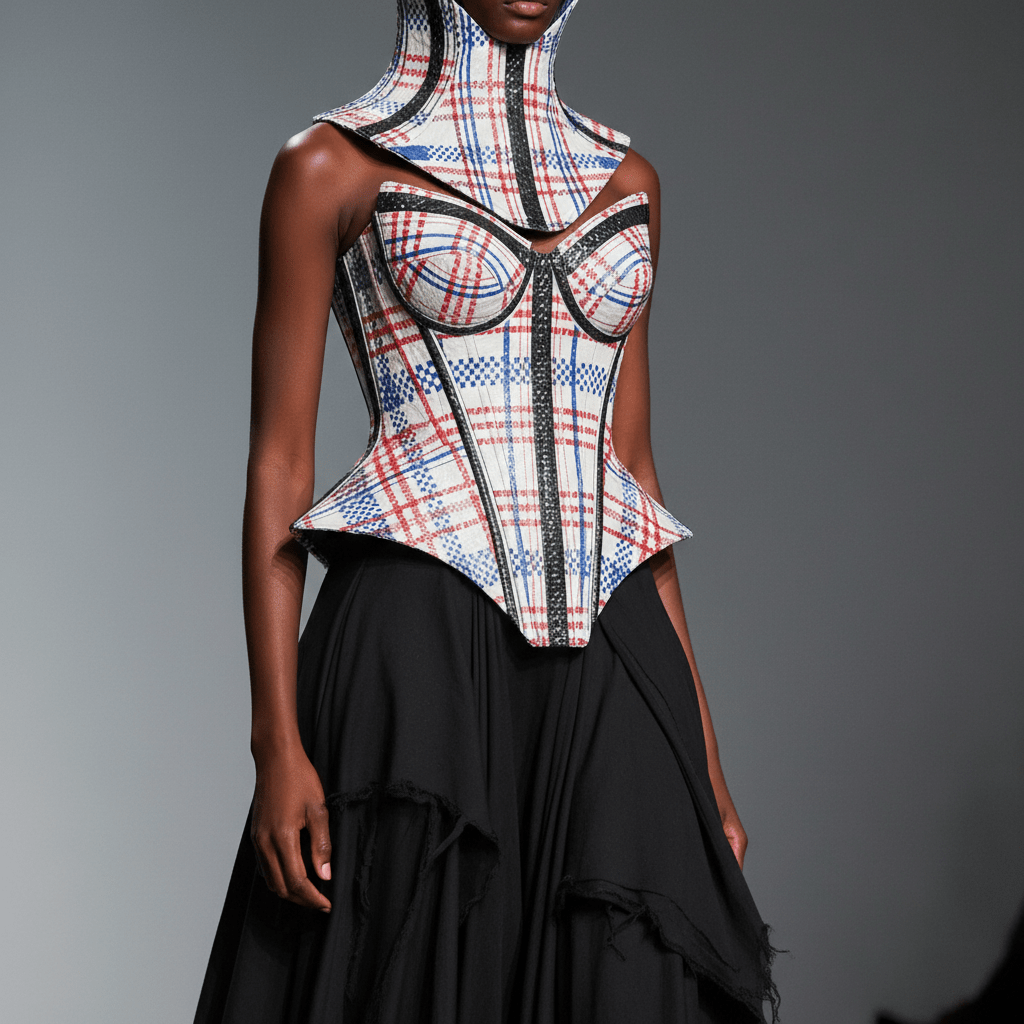 Avant-garde sculptural corset made from woven polypropylene with bold lines.