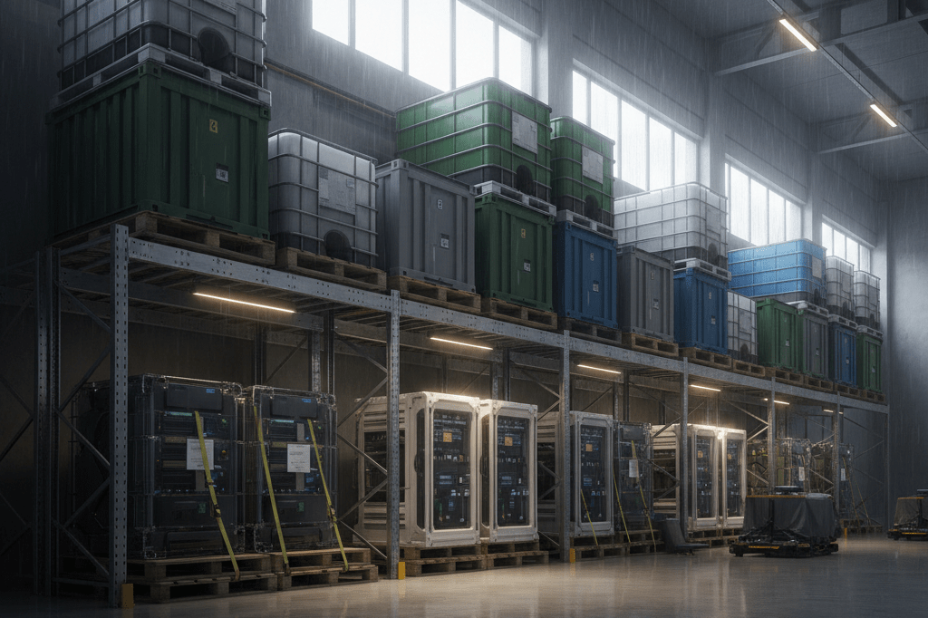 Warehouse with waterproof containers and elevated shelving under soft natural and ambient light, reflecting proactive flood preparation
