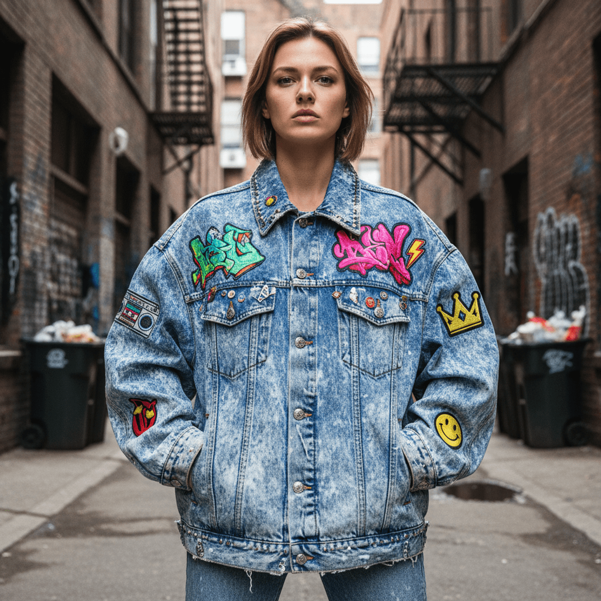 Oversized acid-wash denim jacket with graffiti art on a model in a city alley.
