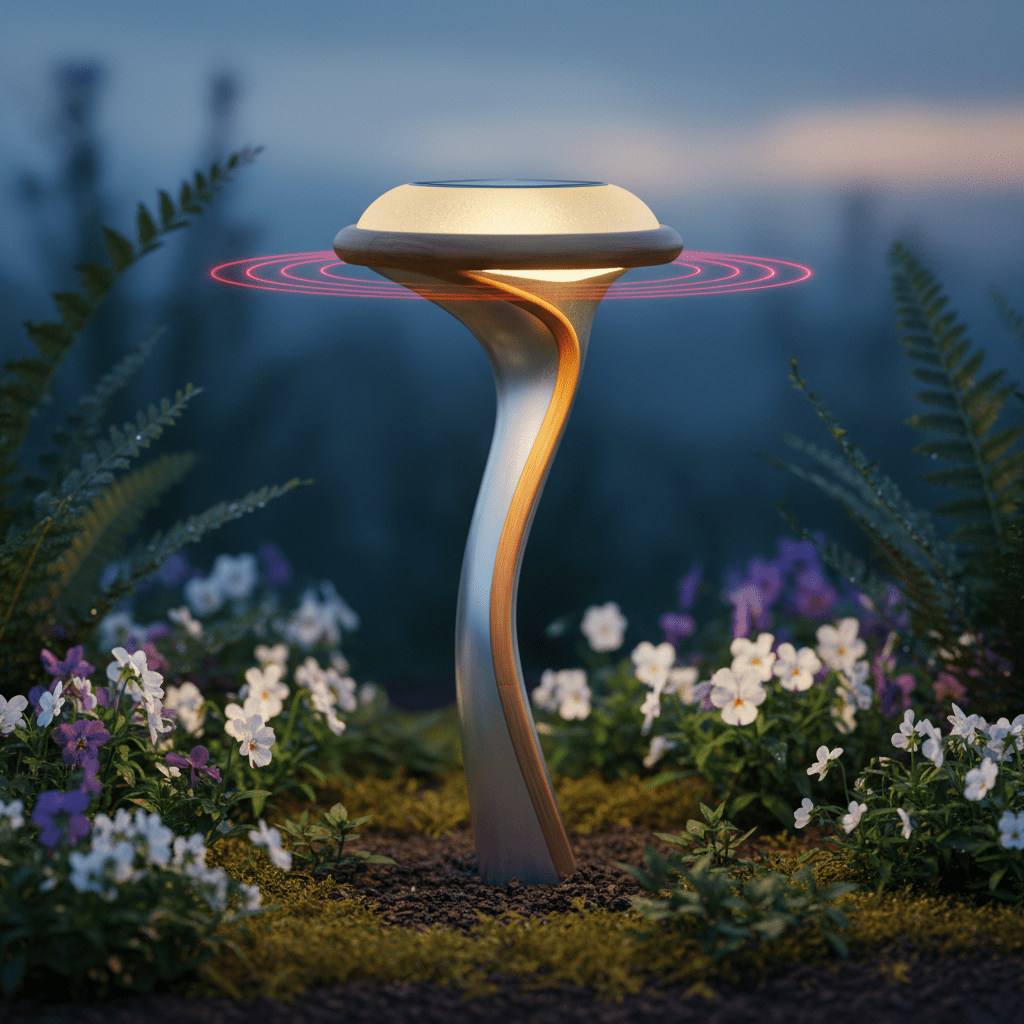 Futuristic eco-friendly garden bug zapper with golden glow. Elegant eco-friendly laser bug zapper shaped like a sculptural garden accent at twilight.