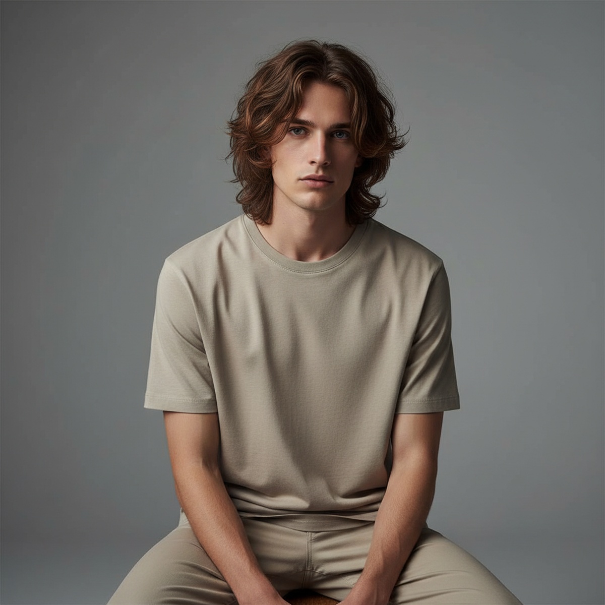 Male model with evolved wolf cut, natural volume, and tousled texture against a grey backdrop.