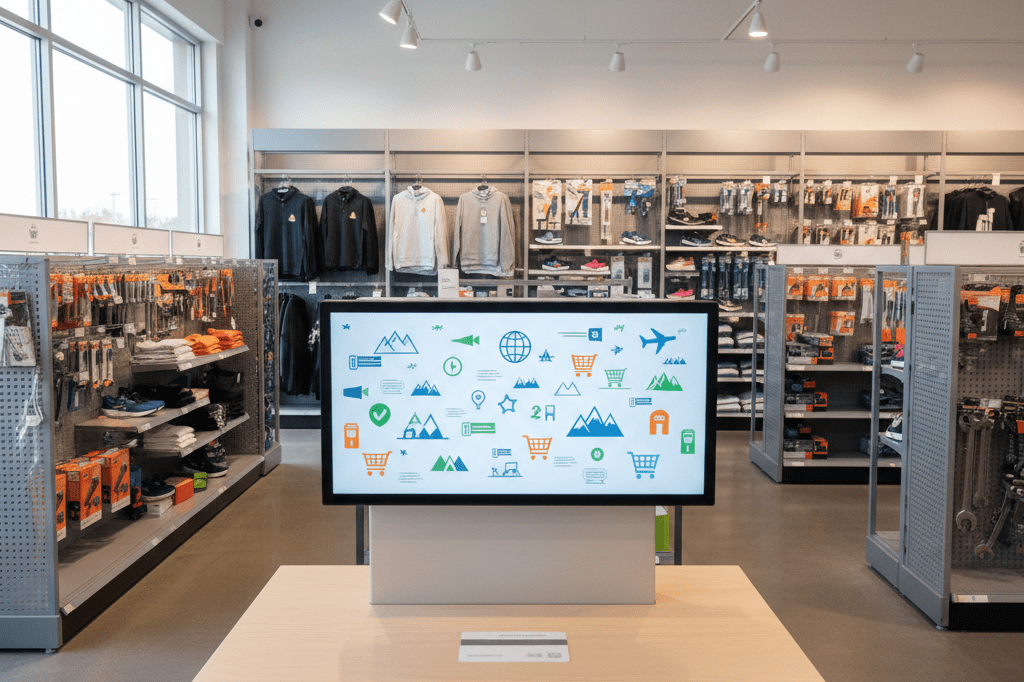 Digital rewards kiosk showing travel and shopping icons in a well-lit store setting, highlighting cross-industry loyalty integration