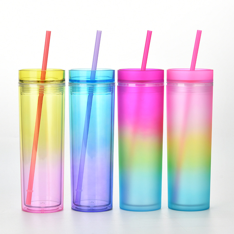 16oz Acrylic Tumblers double wall plastic colorful tumbler with straw,plastic skinny tumbler with lid and straw
