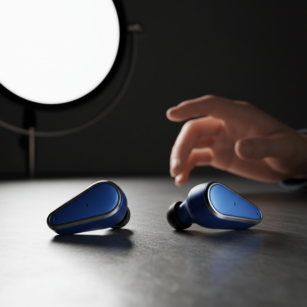 Modern royal blue wireless earbuds with metallic accent on brushed aluminum.