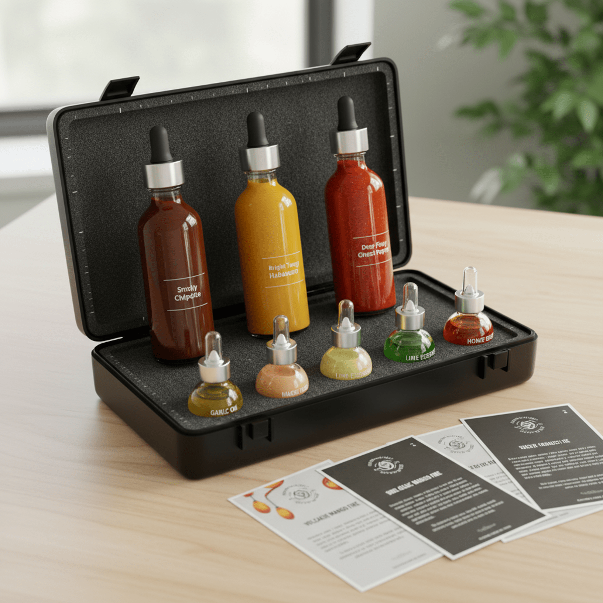 Mini hot sauce blending kit with vibrant sauces and ingredients. Chemistry-inspired mini hot sauce kit with colorful dropper bottles on a wooden table.