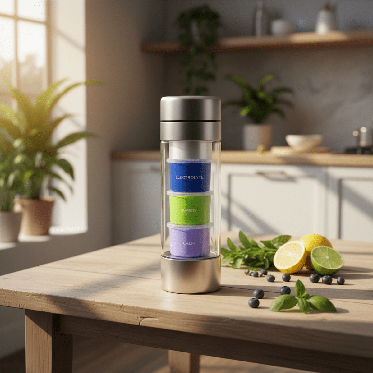 Elegant high-tech water bottle with vibrant flavor pods on a wooden table.