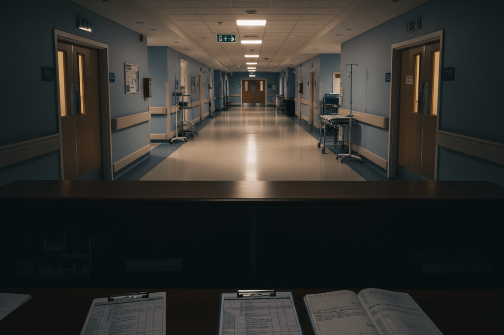 Wide shot of an unoccupied hospital hallway at night, suggesting systemic workforce pressures through environmental cues