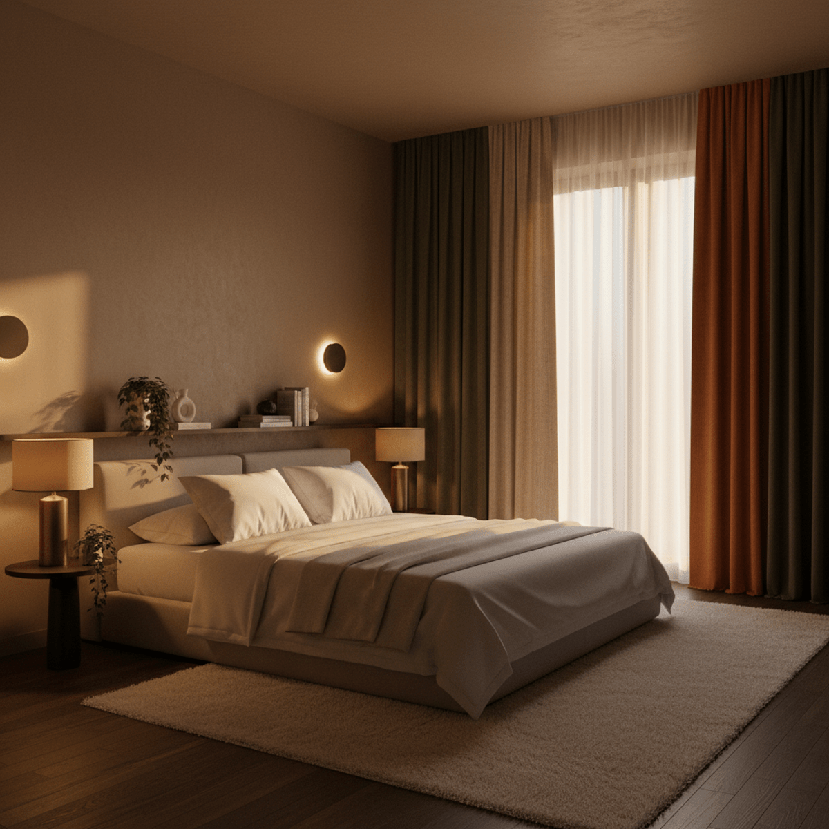 Intimate bedroom with deep tan walls, layered pillows, and warm golden hour light.