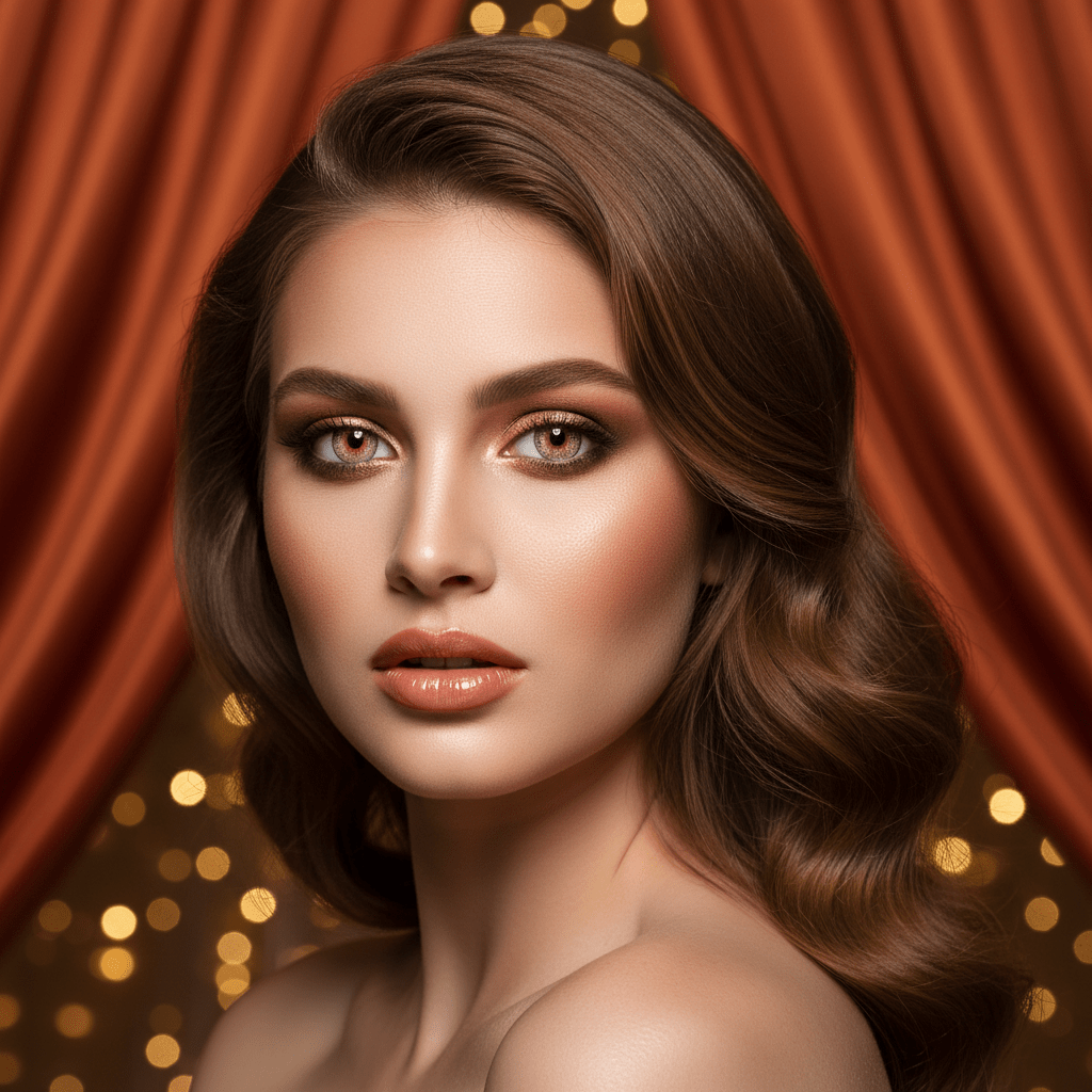 Glamorous model with rose gold and bronze metallic eye makeup, cinematic lighting.