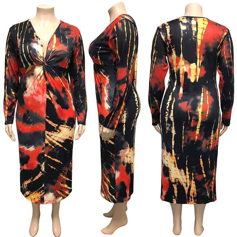 最新领带染色女性服装 5xl 加大尺寸休闲连衣裙和裙子印花 v领紧身
