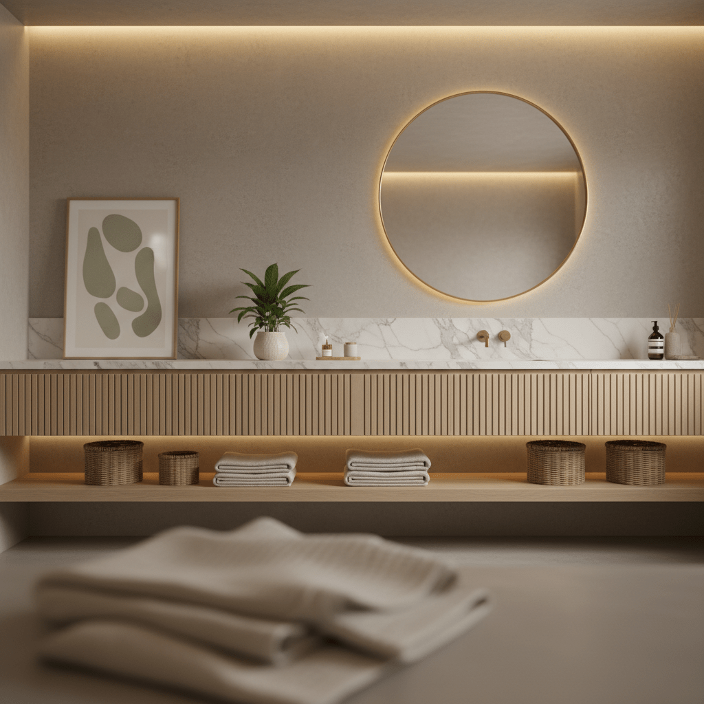 Spa-inspired bathroom with fluted wood vanity and pale marble backsplash.