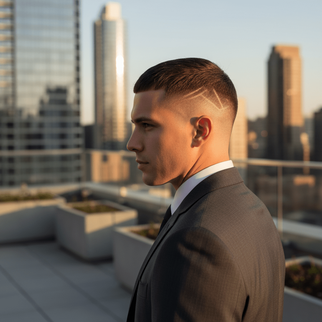 Man with luxe buzz cut, geometric accents, on urban rooftop at golden hour.
