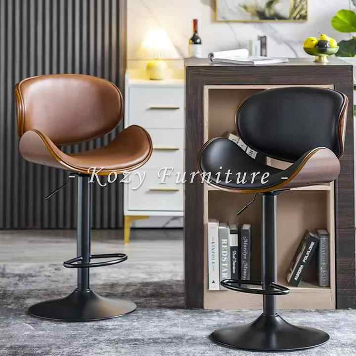 Nordic Style Hotel High Foot PU Leather Bar Chair Iron Black Legs