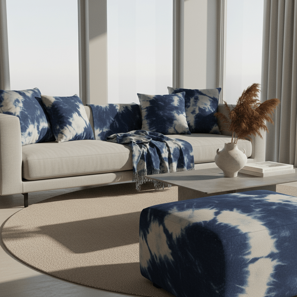 Luxurious throw pillows with acid-wash patterns in a contemporary living room.