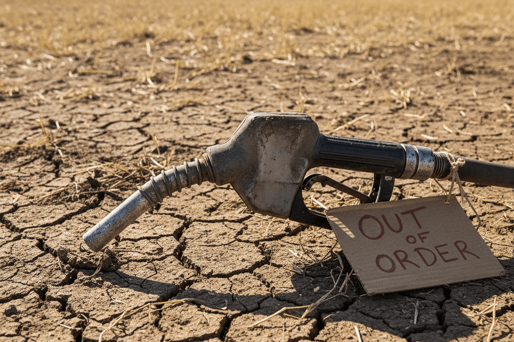 Weathered diesel nozzle on dry soil near idle farm machinery, illustrating agricultural fuel shortage