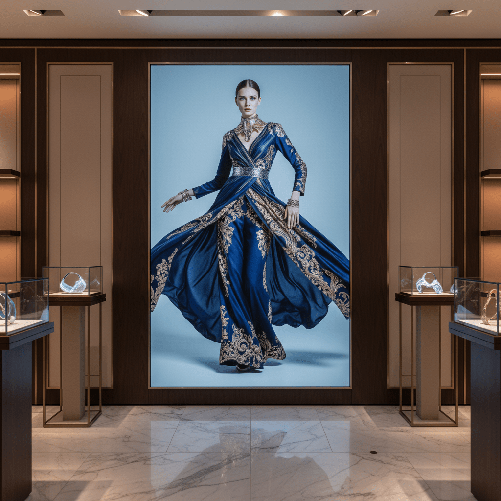 Digital mannequin on ultra-high-resolution TV displays flowing seasonal fashion with intricate details.