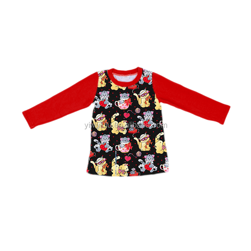 Рубашка для маленьких девочек, модный толстый Топ с длинным рукавом и принтом милого кота для девочек на День святого Валентина