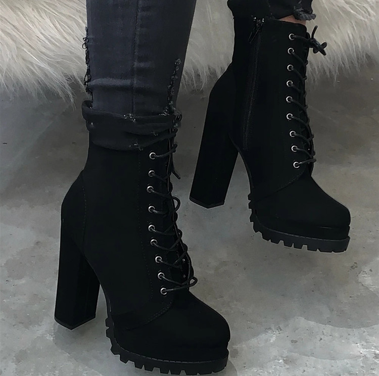 High Quality Women Suede Adjustable Laces Side Zipper Booties Ladies Chunky High Heel Shoes Sole Platform Boots