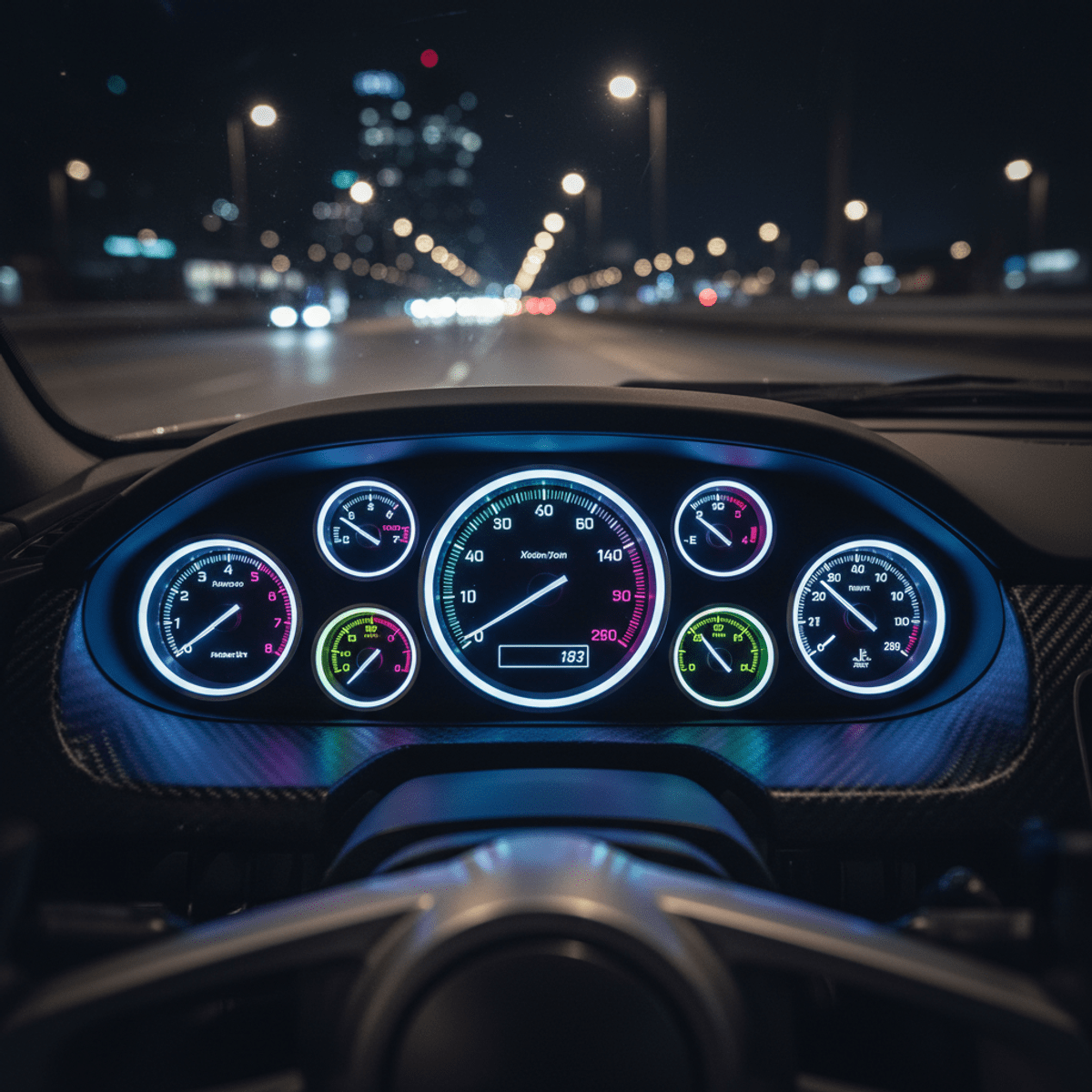 Retro-futuristic car cockpit with neon gauges and carbon fiber trim at night.