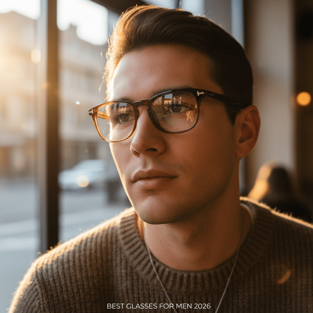 Male model wears translucent amber and smoky grey gradient acetate glasses.
