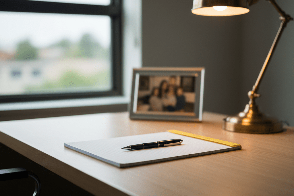 Office desk setup reflecting crisis management values Modern office desk with legal pad, pen, and family photo under warm ambient lighting, representing integrity-driven business decisions