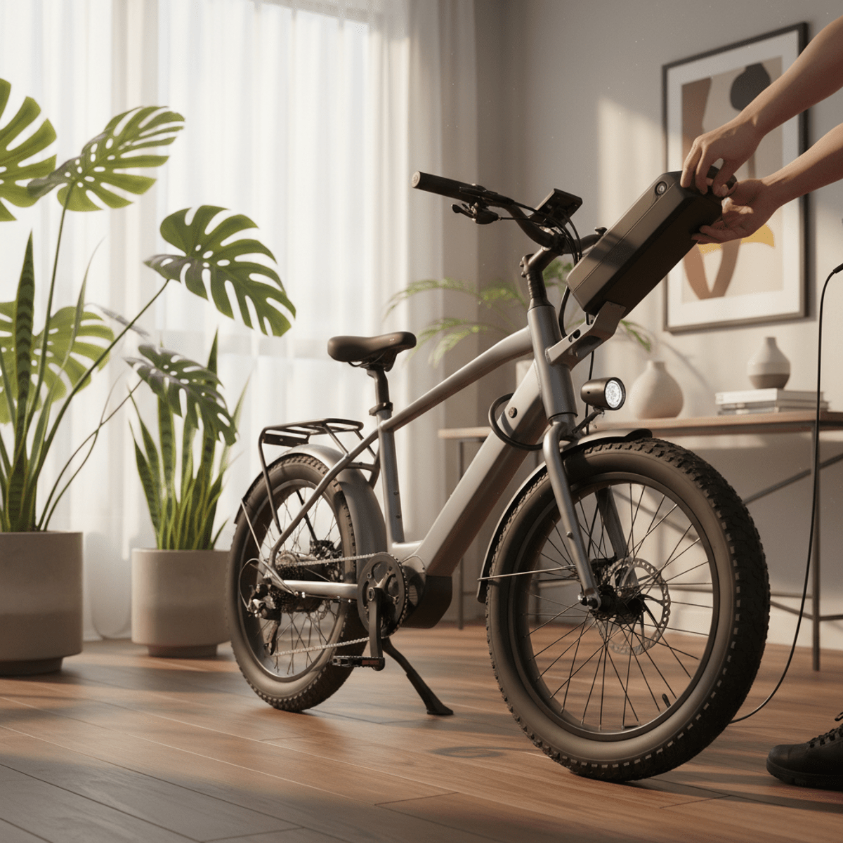 Compact e-bike with removable battery charging in a modern apartment entryway.