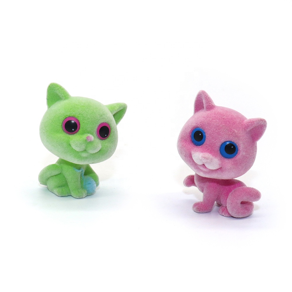 Plastic collectable flocking cat toys flocked small animal toy