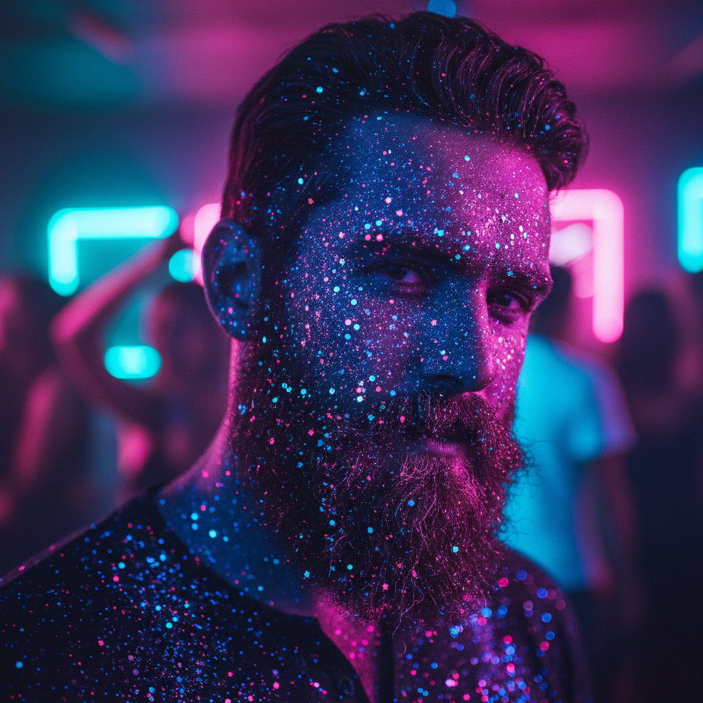 Male model with UV-reactive glitter beard glowing under blacklight in a nightclub.