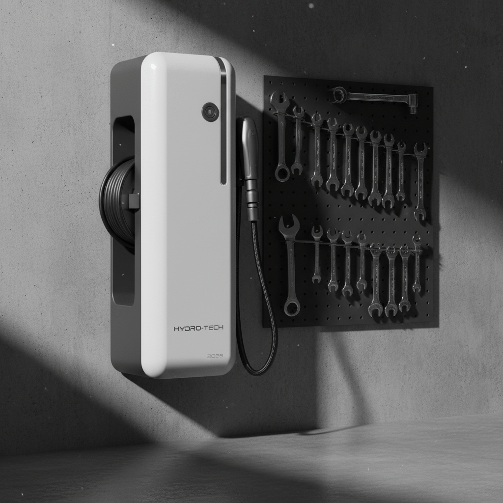 Ultra-slim wall-mounted pressure washer with retractable hose in a modern garage.