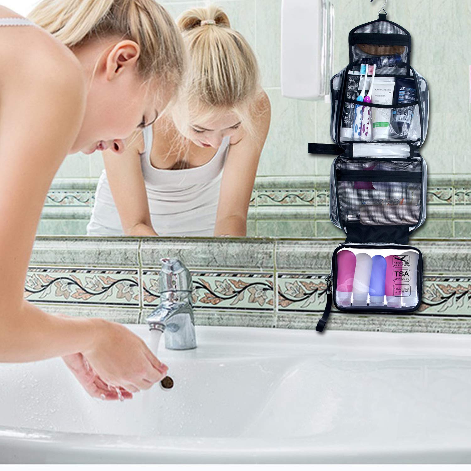 Borsa da toilette da appendere, borsa da toilette da viaggio trasparente con piccola borsa trasparente rimovibile approvata dalla TSA Compagnia aerea 3-1-1 Carry On Conforme Ba