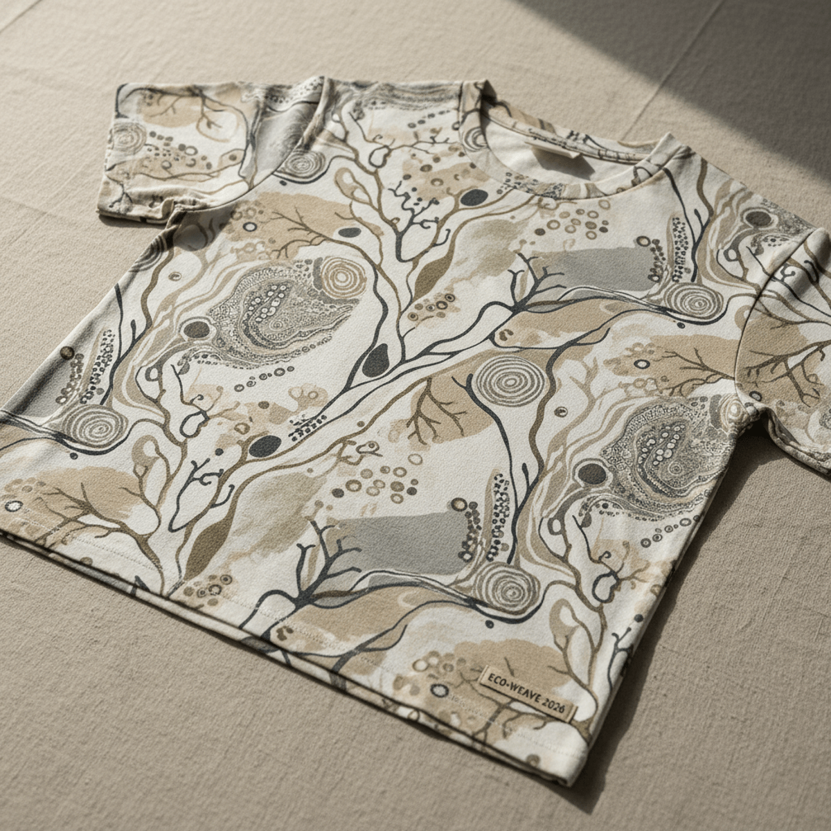 Close-up of eco-friendly t-shirt with abstract organic pattern and visible weave texture.