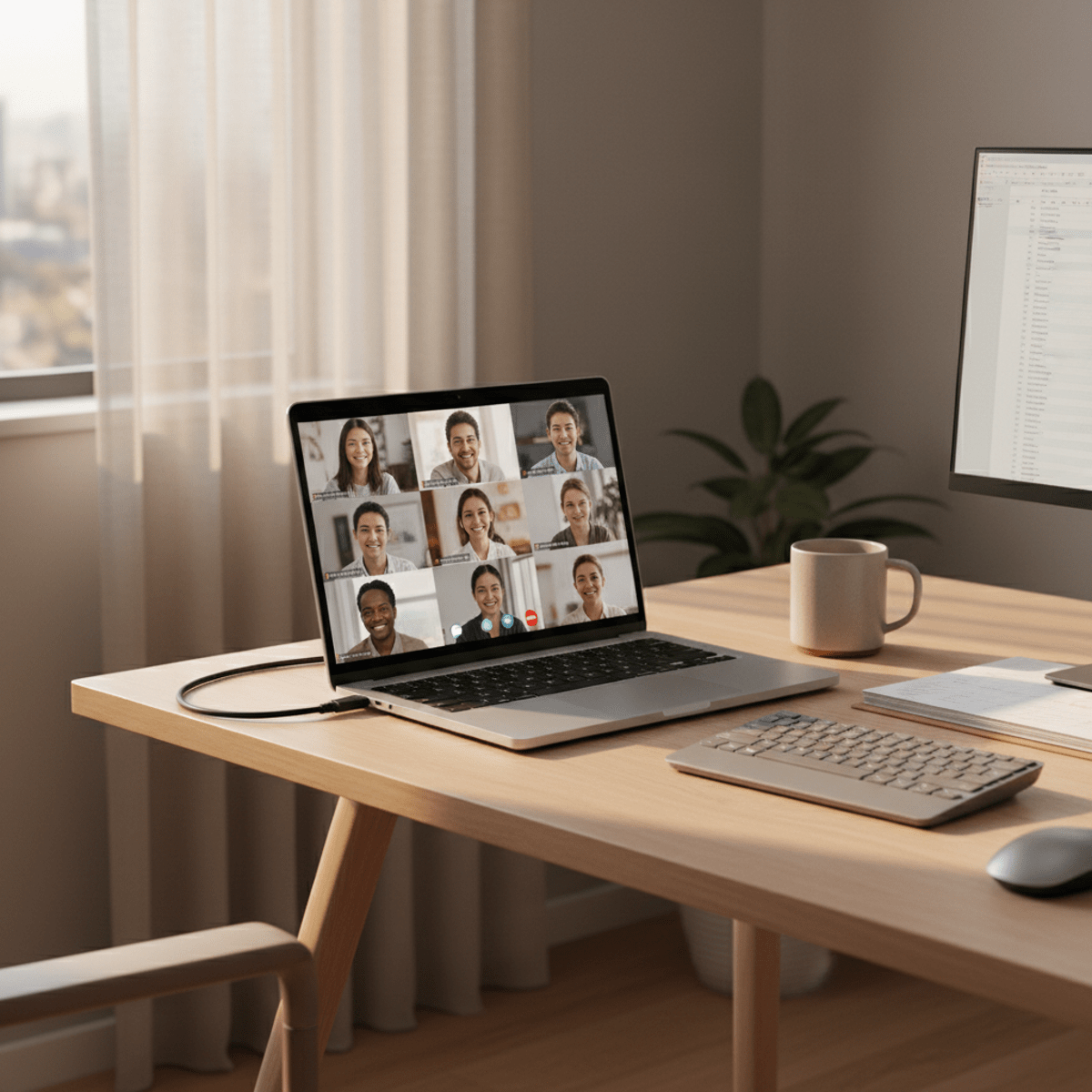 Slim aluminum laptop on a modern desk, screen showing AI background blur video call.