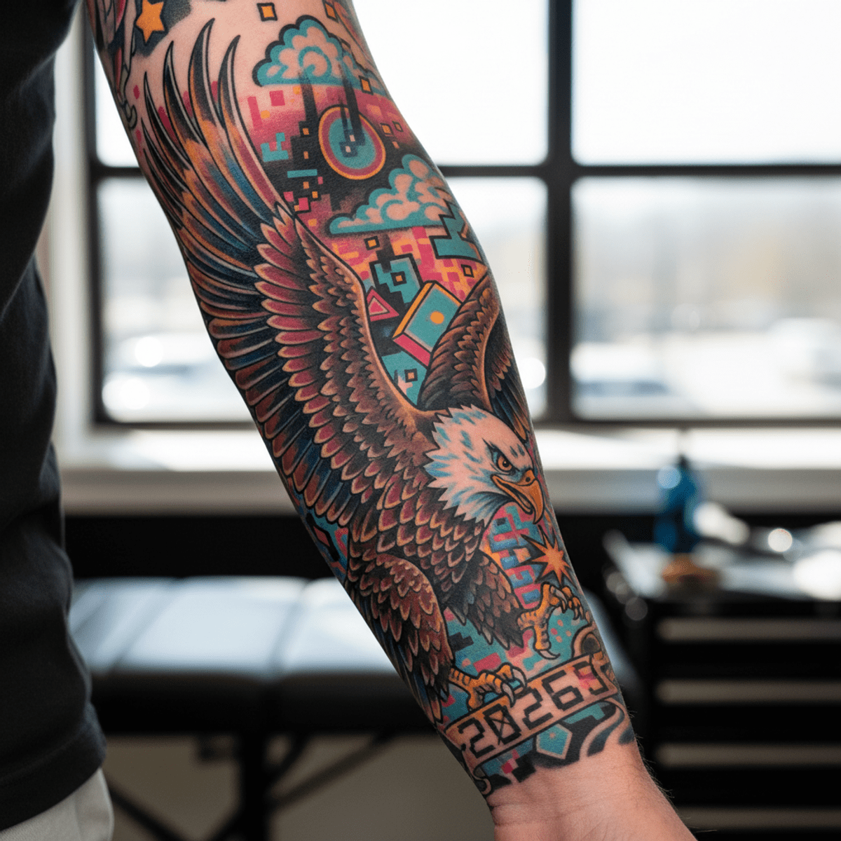 Neo-traditional eagle tattoo with retro video game flair. Neo-traditional eagle tattoo on a male forearm with retro video game elements.