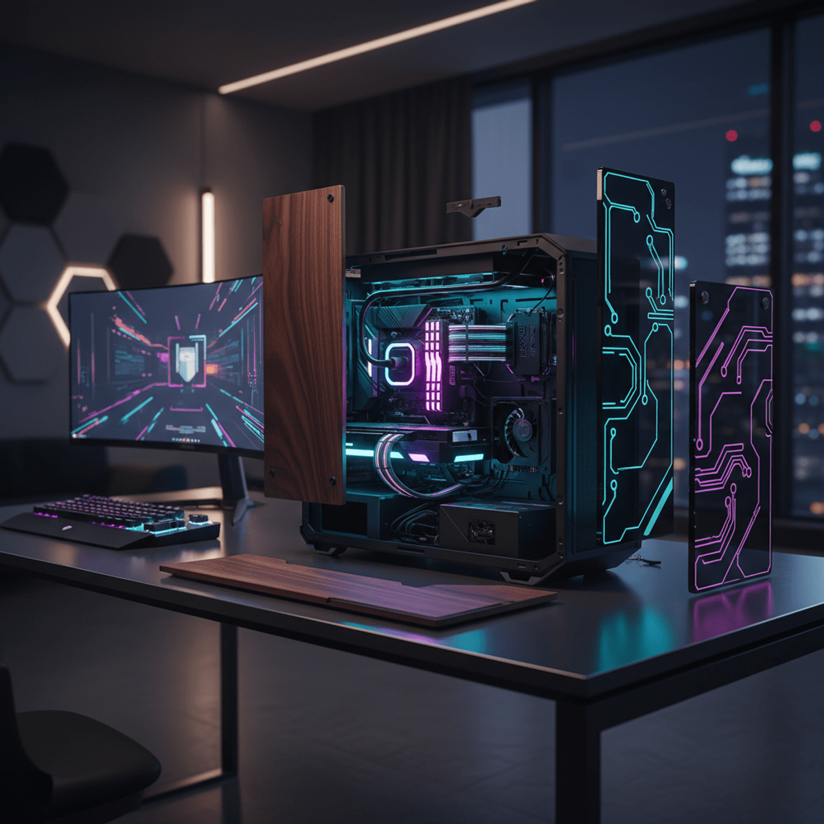 Futuristic modular gaming desktop with wood, fabric, and acrylic panels.