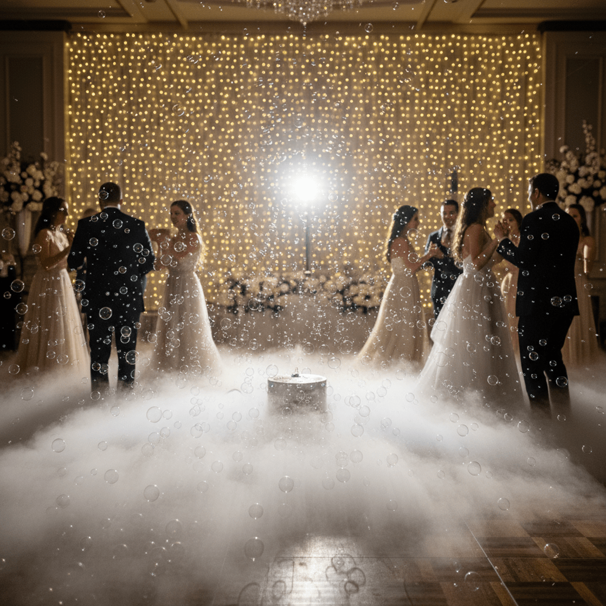 Wedding reception with bubble fog machine, luminous mist, and shimmering bubbles in golden light.