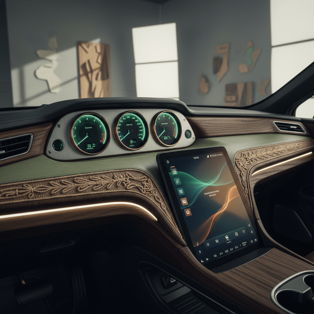 Custom electric vehicle dashboard with sustainable gauges and natural fiber detailing.