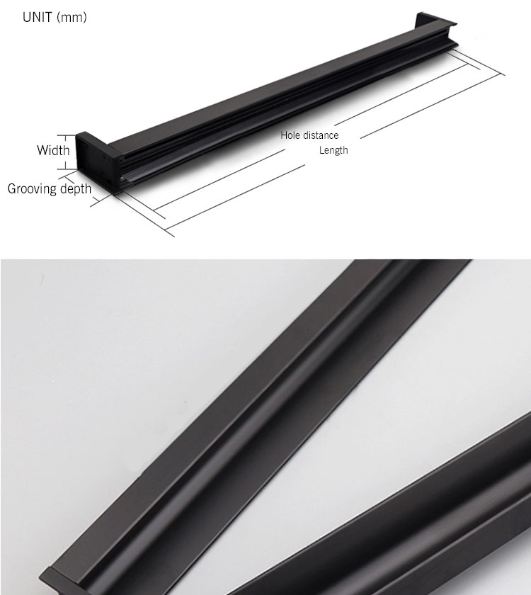 Wholesale Slotted Long Bedroom Cabinet Handle, Flush Furniture Decorative Aluminum alloy Black Handles//