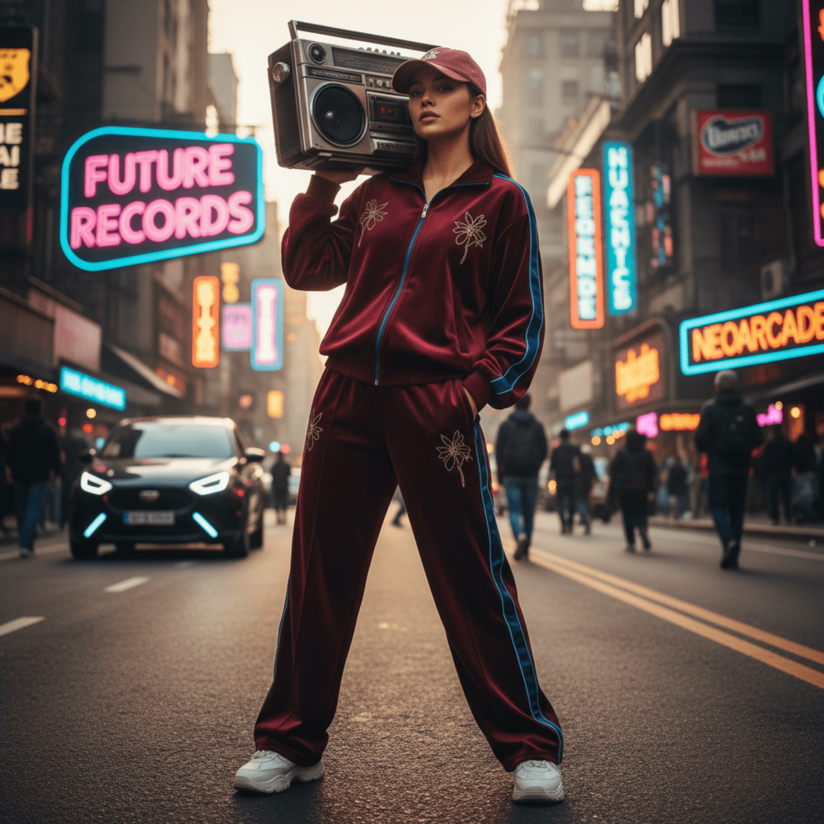 Model in burgundy velour tracksuit with blue stripes on a vibrant city street.