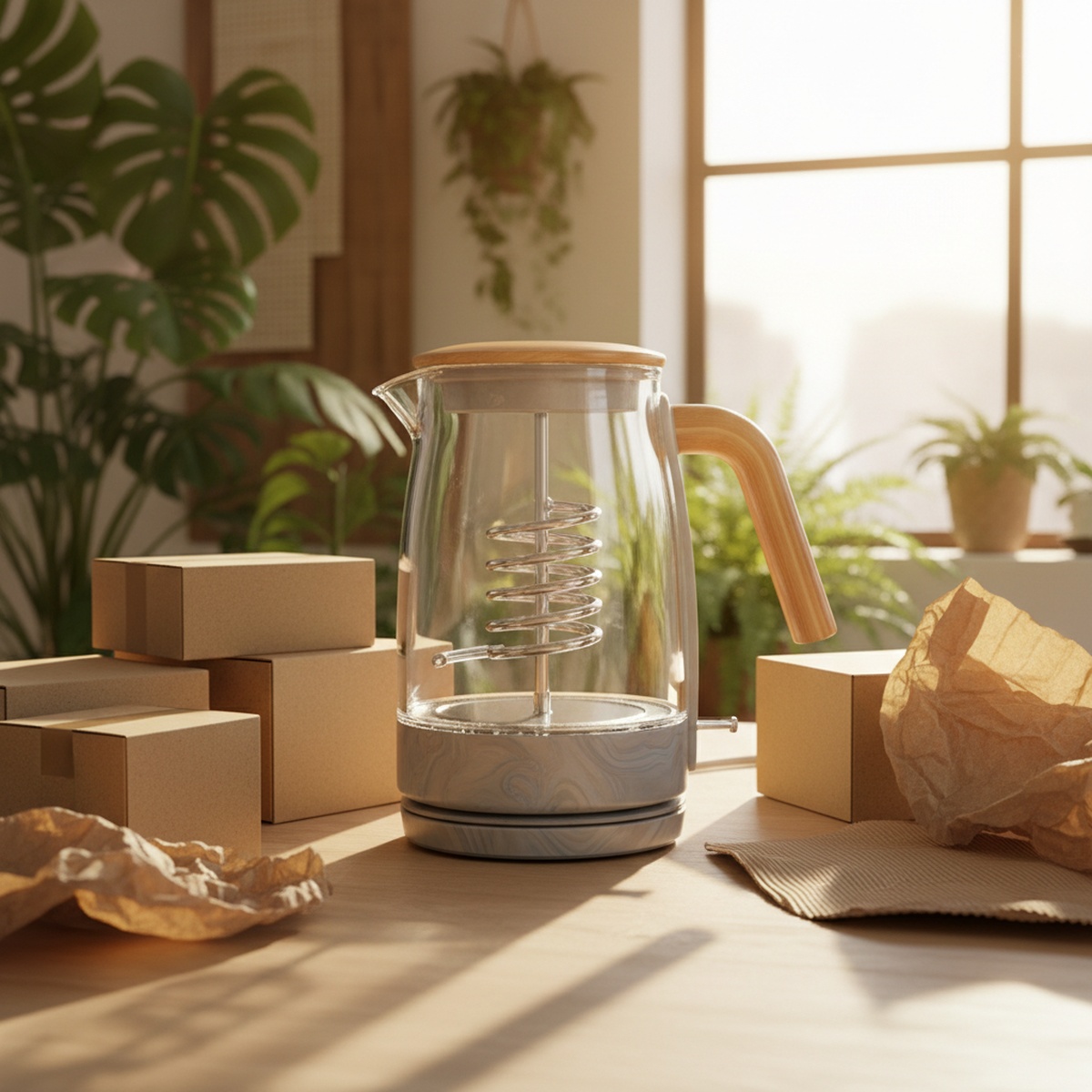 Eco-friendly glass kettle with bamboo handle and recycled base.