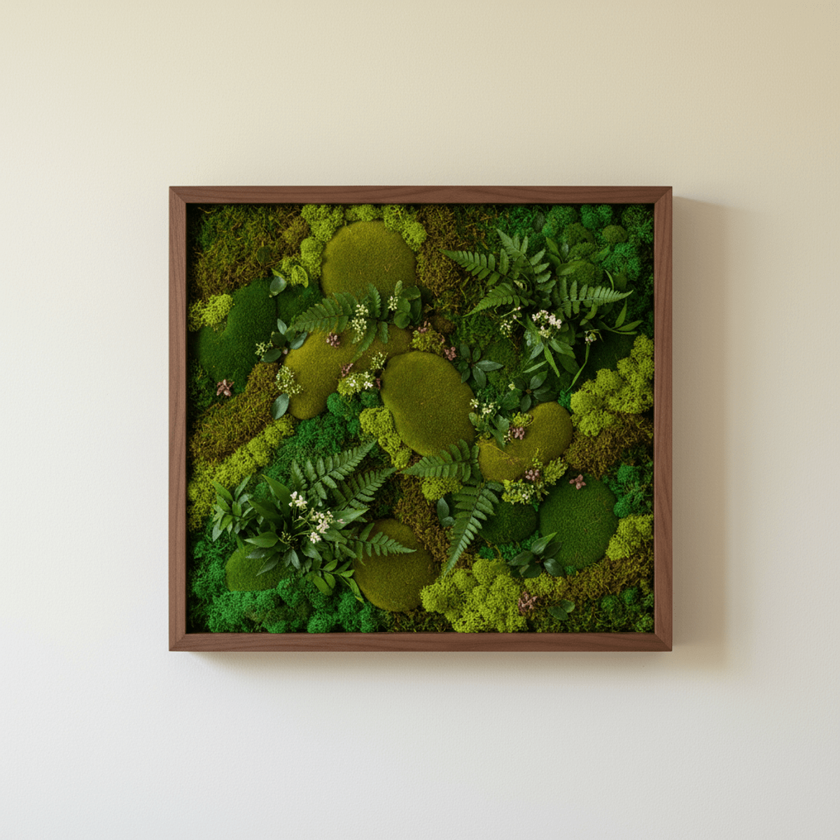 Lush green moss and fern wall art in a dark wood frame on a cream wall.