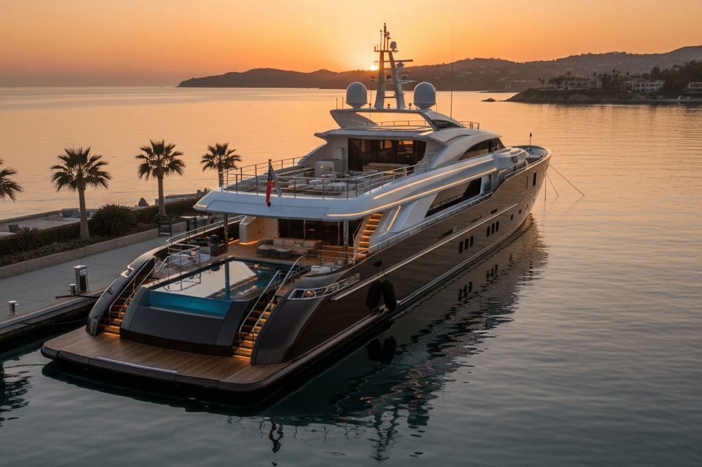 Photorealistic image of a high-end yacht at sunset, reflecting exclusivity through warm natural light and sleek design